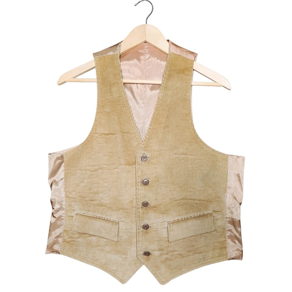 Vintage 70s Tan Corduroy Vest Satin Back Waistcoat Academia Grandpacore Brown L